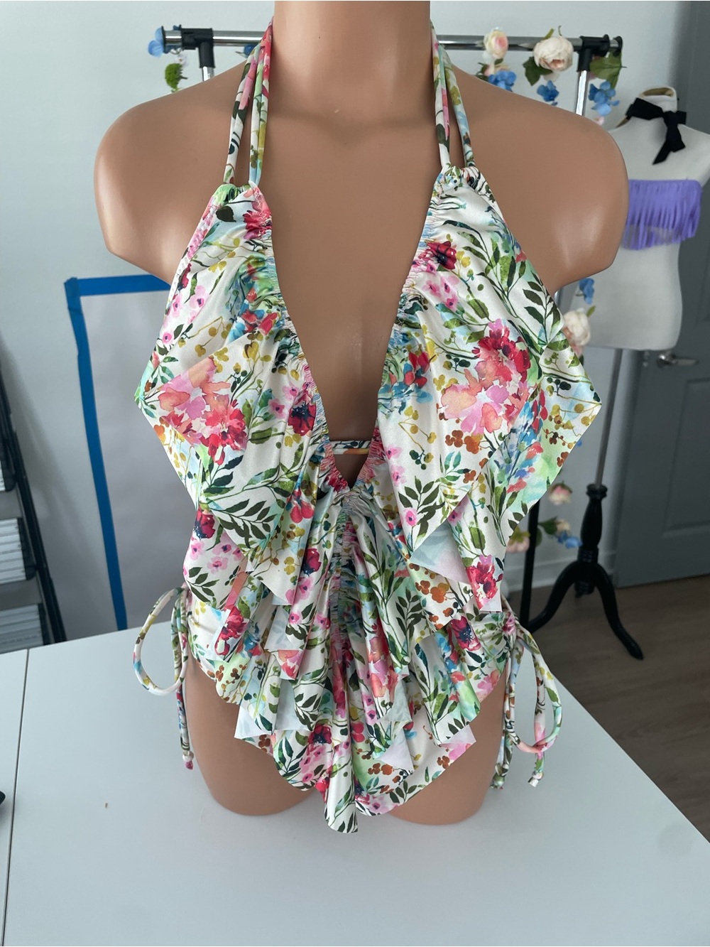 Ruffled Floral Halter One-Piece Swimsuit - Pink & Green - Picture 13 of 17